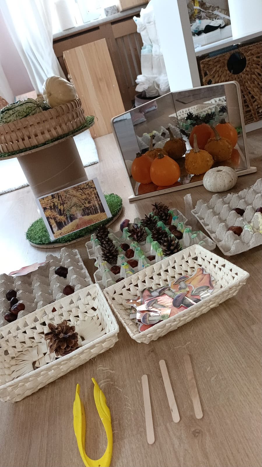 Kosze z kasztanami, szyszkami i jesiennymi skarbami